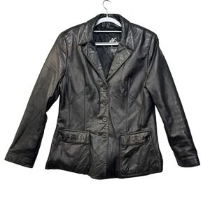 Maxima Leather Blazer Jacket Women Large Black Button Front Flap Pockets Vintage